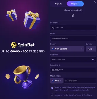 SpinBet registration screen with €6000 bonus and 100 free spins offer, showing user form and gift graphics